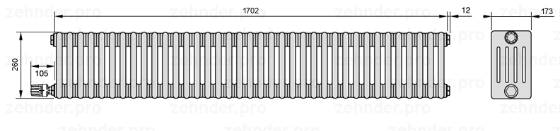 Схема (чертеж) Радиатор Zehnder Charleston 5026/37 №V003 Белый глянцевый RAL 9016
